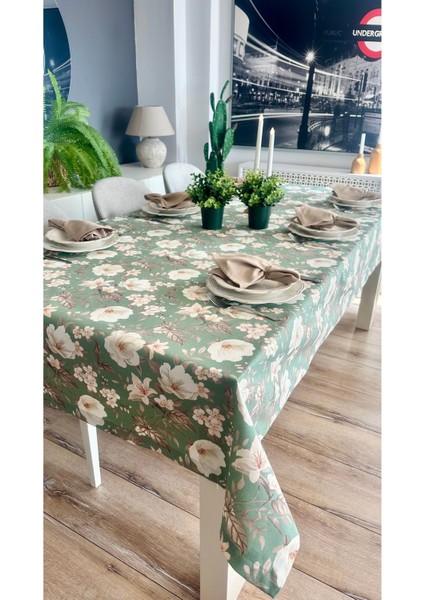 Leke Tutmaz Çiçek Desenli Yeşil Bej Masa Örtüsü