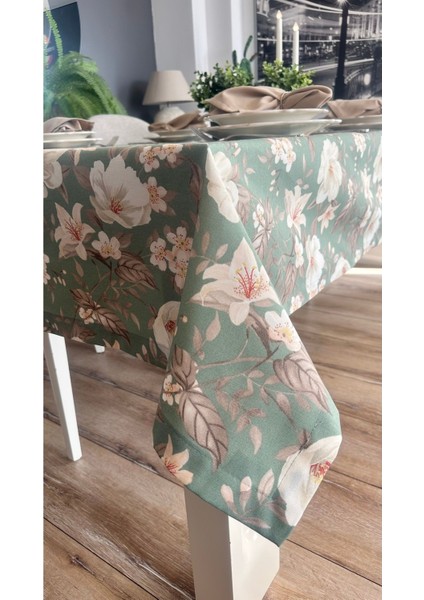 Leke Tutmaz Çiçek Desenli Yeşil Bej Masa Örtüsü fiyatları