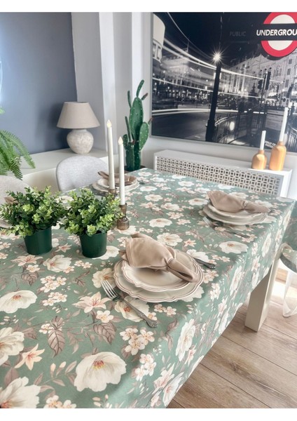Leke Tutmaz Çiçek Desenli Yeşil Bej Masa Örtüsü modelleri