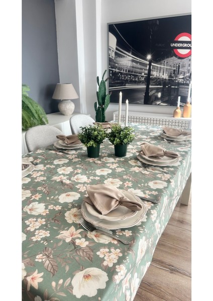 Leke Tutmaz Çiçek Desenli Yeşil Bej Masa Örtüsü fırsatları