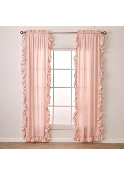 Cift Taraflı Fırfırlı Pembe Vintage Pamuk Keten Perde (En x Boy) - Tek Kanat - Pilesiz