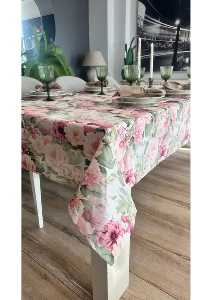 Leke Tutmaz Gül Desenli Pembe Yeşil Masa Örtüsü fırsatları