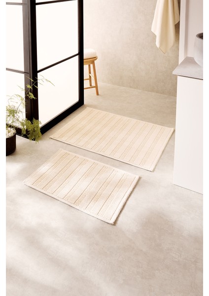 2'li Yıkanabilir Pamuklu Ekru Renk Çizgi Desen Banyo Paspası 40 x 60 / 60 x 90 cm