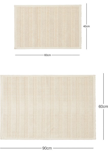 2'li Yıkanabilir Pamuklu Ekru Renk Çizgi Desen Banyo Paspası 40 x 60 / 60 x 90 cm