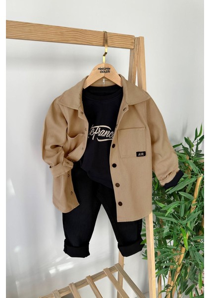 (5-8 Yaş) Gabardin Gömlekli Erkek Çocuk 3 lü takım - Kahve