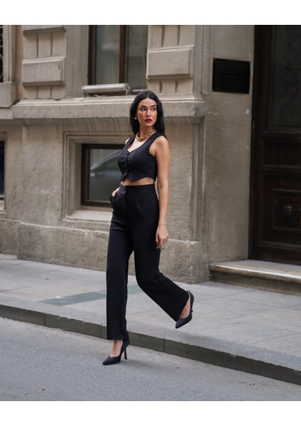 Kadın Crep V Yaka Yelek ve Pantolon Takım modelleri