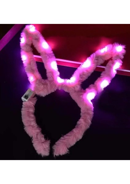 LED Işıklı Peluş Pofuduk Tavşan Kulak Tavşan Taç Pembe 17X23 cm