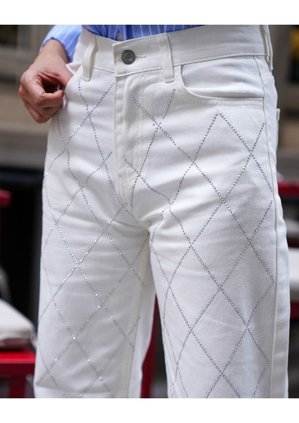Kadın Beyaz Renk Palazzo Önü Starlight Parlak Taşlı Tasarım Denim
