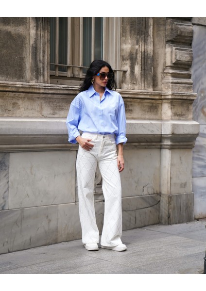 Kadın Beyaz Renk Palazzo Önü Starlight Parlak Taşlı Tasarım Denim fiyatları