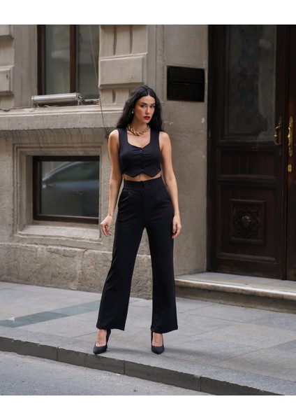 Kadın Crep V Yaka Yelek ve Pantolon Takım