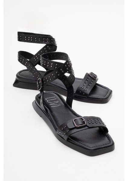 Carril Siyah Hakiki Deri Troklu Kadın Sandalet