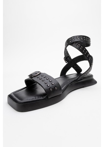 Carril Siyah Hakiki Deri Troklu Kadın Sandalet fırsatları