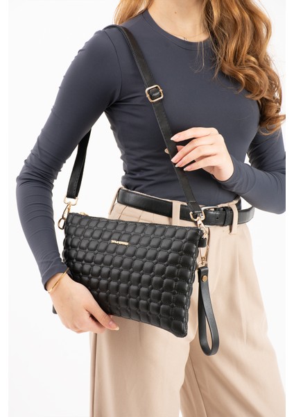 Kadın Suni Deri Siyah Mat Ayarlanabilir Çapraz ve El Askılı Portföy, Clutch Çanta