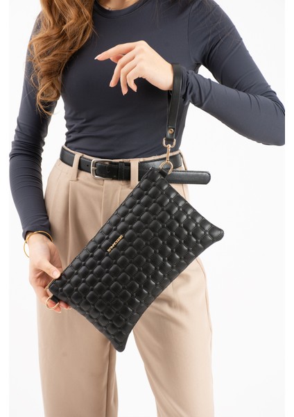 Kadın Suni Deri Siyah Mat Ayarlanabilir Çapraz ve El Askılı Portföy, Clutch Çanta