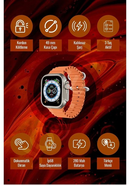 S8 Ultra Max Akıllı Saat 49 mm Uyumlu Vidalı Kordon Kilitli Android, Ios Uyumlu Arama