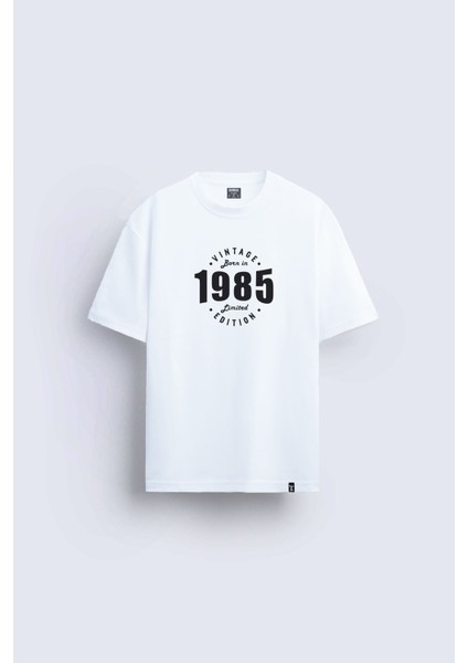 Vintage 1985 Baskılı Bisiklet Yaka Normal Kalıp Beyaz Tişört T-Shirt
