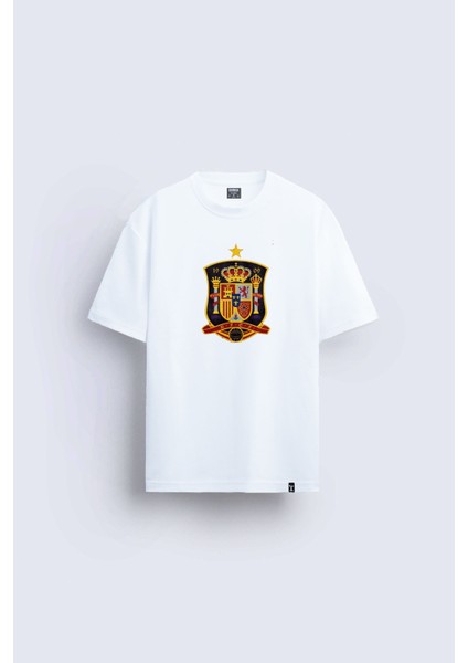 Ispanya Milli Futbol Takım Logo Baskılı Bisiklet Yaka Normal Kalıp Beyaz Tişört T-Shirt