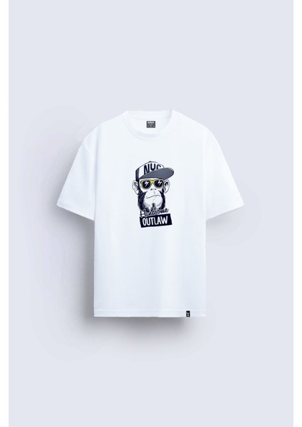 Rapçi Maymun Baskılı Bisiklet Yaka Normal Kalıp Beyaz Tişört T-Shirt