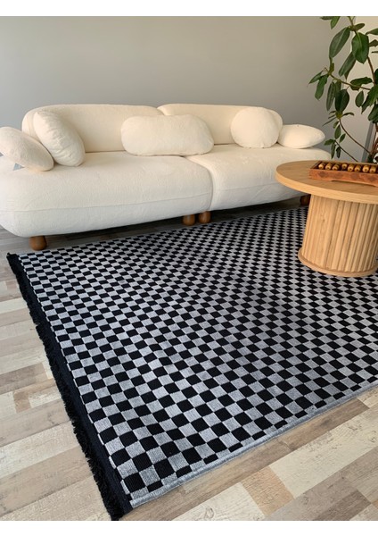 Dama Desenli Dokuma Taban Yıkanabilir Kaymaz Tabanlı Kilim