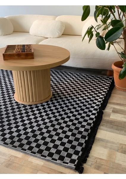 Dama Desenli Dokuma Taban Yıkanabilir Kaymaz Tabanlı Kilim