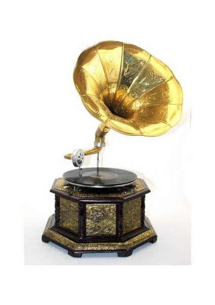 Ahşap Sekizgen Gramofon Plak Çalar Metal Kaplamalı