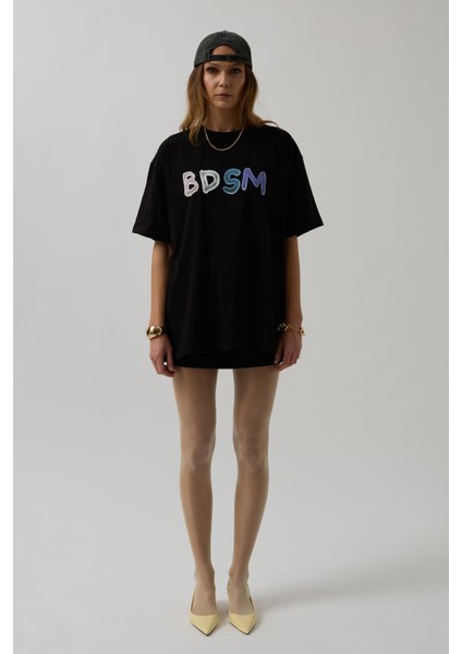 Sırt ve Ön Baskılı Oversize Siyah T-Shirt
