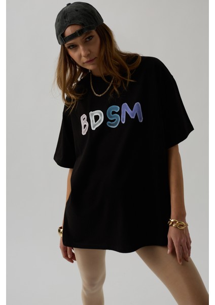 Sırt ve Ön Baskılı Oversize Siyah T-Shirt