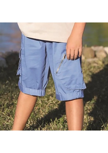 Fancy Kids Erkek Çocuk Kapri Şort Fermuarlı Kargo Cepli 11-12 Yaş Saks Mavi