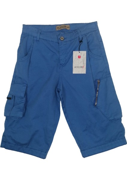 Fancy Kids Erkek Çocuk Kapri Şort Fermuarlı Kargo Cepli 11-12 Yaş Saks Mavi