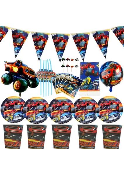 Kek TOPPER-24PCS Blaze ve Canavar Makineleri Tasarım Süslemeleri Fincan Plaka Çocuklar Bebek Duş Yemekleri Şekeri Cam Bayraklar Doğum Günü Partisi Sofra Seti (Yurt Dışından)