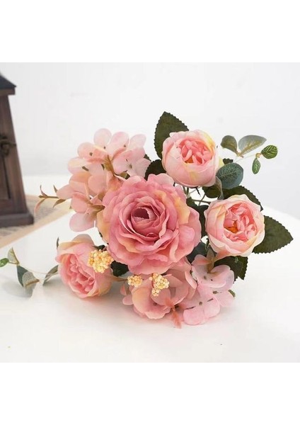 Pembe Yapay Çiçekler Retro Ipek Gül Buketi Ortanca Şakayık Vintage Gelin Holding Sahte Bitkiler Ev Düğün Dekorasyon Aksesuarları (Yurt Dışından)