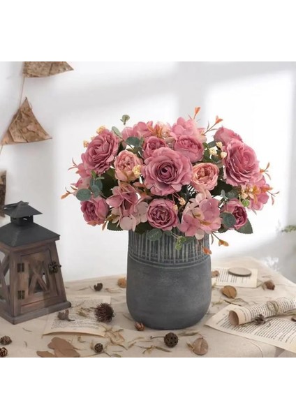 Pembe Yapay Çiçekler Retro Ipek Gül Buketi Ortanca Şakayık Vintage Gelin Holding Sahte Bitkiler Ev Düğün Dekorasyon Aksesuarları (Yurt Dışından) modelleri