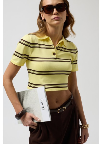 Polo Yaka Crop Sarı T-Shirt