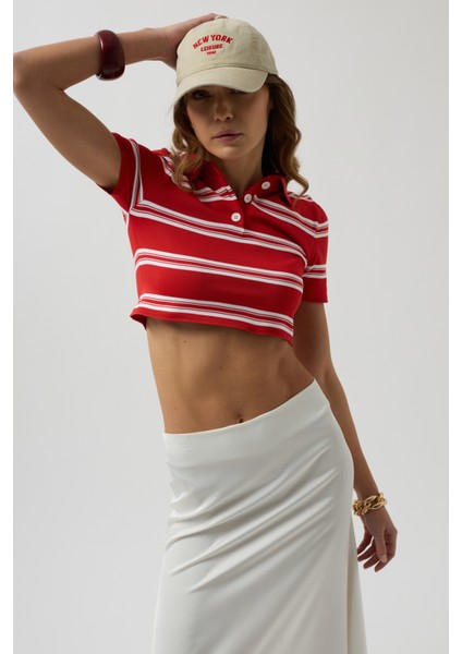 Polo Yaka Crop Kırmızı T-Shirt