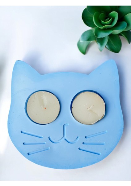 Mavi Kedi Şekilli Beton Mumluk - El Yapımı Dekoratif Çay Işığı Tealight Mumluk - Minimalist Kedi Temalı Ev Dekoru- Aromaterapi