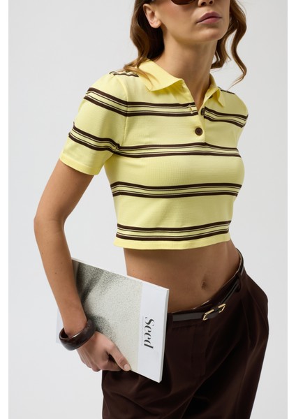 Polo Yaka Crop Sarı T-Shirt indirimleri