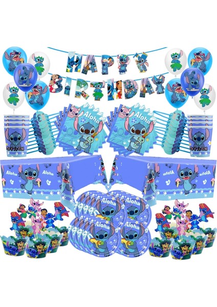 Ballons-9pcs 1 Disney Lilo Stitch Doğum Günü Partisi Süslemeleri Dikiş Tek Kullanımlık Sofra Seti Bebek Duş Balonları Masa Örtüsü Düğün Malzemeleri (Yurt Dışından)