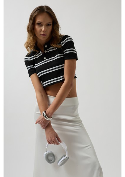 Polo Yaka Crop Siyah T-Shirt