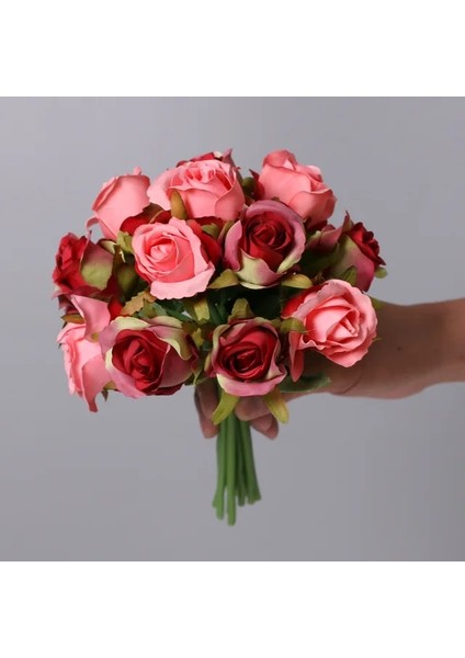Kırmızı-Pembe Wqnjın Gelin Düğün Buket Nedime Demet Çiçek Yapay Ipek Çiçek 12 Kafa Gül Buketi Düğün Malzemeleri Dıy Ev Dekor (Yurt Dışından)