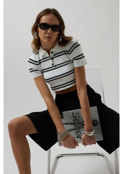 Polo Yaka Crop Beyaz T-Shirt