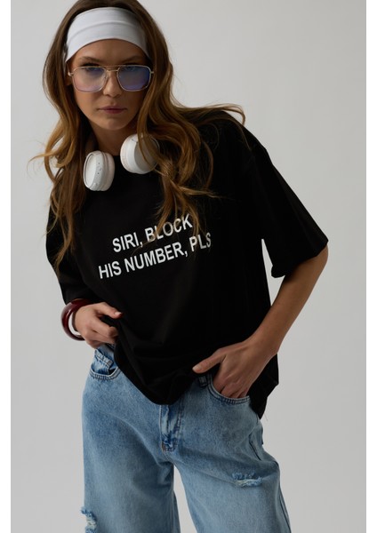 Ön Baskılı Oversize Siyah T-Shirt
