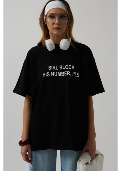 Ön Baskılı Oversize Siyah T-Shirt modelleri