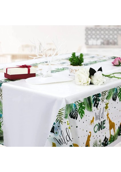 Banner Vahşi Bir Tek Kullanımlık Masa Örtüsü Jungle Safari Bebek Bir 1st Doğum Günü Masa Örtüsü Vahşi Mutlu Ilk Doğum Günü Partisi Dekor Masa Örtüsü (Yurt Dışından)