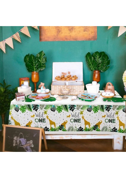 Banner Vahşi Bir Tek Kullanımlık Masa Örtüsü Jungle Safari Bebek Bir 1st Doğum Günü Masa Örtüsü Vahşi Mutlu Ilk Doğum Günü Partisi Dekor Masa Örtüsü (Yurt Dışından)