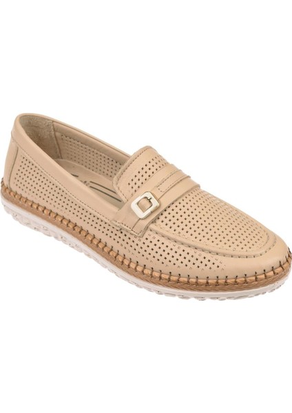 Hakiki Deri Üzeri Delikli Kadın Ayakkabı VOY-142 BEJ