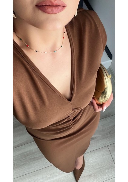 Kahve Marka Model V Yaka Önü Drapeli Midi Elbise
