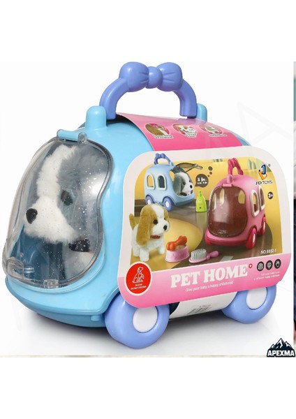 Oyuncak Araba Taşıma Çantalı Sesli Hareketli Pilli Köpek Oyun Seti - Aksesuarlı Kafesli Köpek Set Mavi