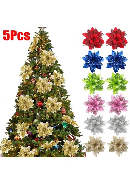C Altın 5 Adet Glitter Yapay Noel Çiçekleri Noel Ağacı Süsler Sahte Atatürk Çiçeği Çiçek Dıy Çelenk Ev Düğün Parti Süslemeleri (Yurt Dışından)