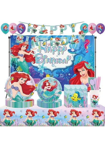 Hediye Çantası 10 Adet Disney Denizkızı Ariel Prenses Parti Dekor Kız Doğum Günü Sofra Kağıt Tabak Bardak Peçeteler Masa Örtüsü Mutlu Doğum Günü Hediyesi (Yurt Dışından)