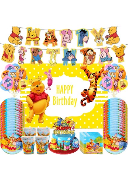 Hat-6pcs Disney Winnie The Pooh Parti Malzemeleri Tek Kullanımlık Sofra Doğum Günü Süslemeleri Kağıt Peçete Plaka Bardak Masa Örtüsü Lateks Balon (Yurt Dışından)